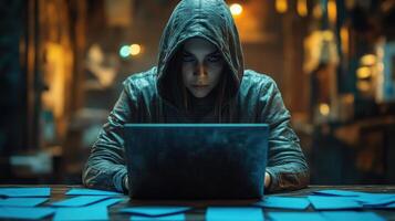 Dark-lit hacker focused on laptop surrounded by scattered papers in an underground setting photo