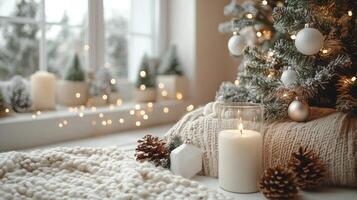 Cozy holiday interior with decorated tree and warm lighting in a winter setting photo