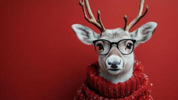 Festive reindeer wearing glasses and a cozy red sweater poses against a solid red background during the holiday season photo