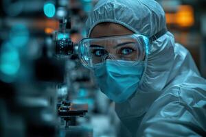 A woman in a lab coat and goggles photo