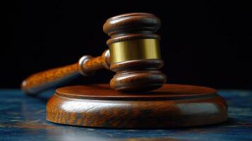 Gavel resting on a wooden block ready for use in a courtroom during legal proceedings photo
