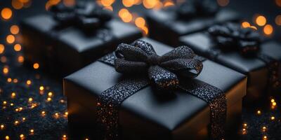 Elegant black gift boxes with sparkling bows sit against a backdrop of glowing lights at a festive celebration photo