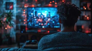 Watching city lights at night while cozy at home with ambient decorations and a vibrant scene on the TV photo