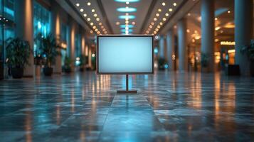 Empty digital display in a modern lobby with ambient lighting and polished floors at night photo