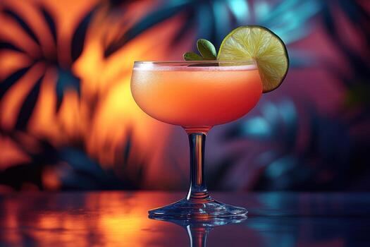 Cocktail with lime and orange garnish on a dark background photo