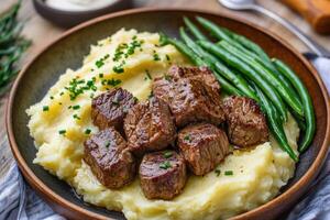 Beef and mashed potatoes with green beans photo