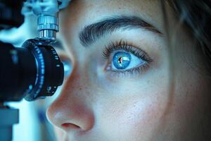 A woman looking through an eye exam machine photo