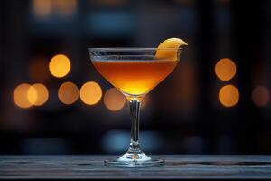 A cocktail sitting on a table with a blurred background photo