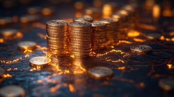 Stacks of shiny coins illuminating a dark surface with glowing map outlines in the background at dusk photo
