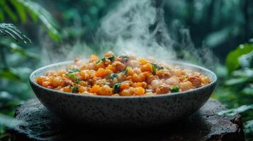 Steaming bowl of flavorful dish served in lush forest setting during early morning photo