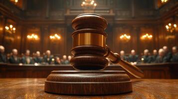 Gavel resting on wooden table in an ornate courtroom with judges in session photo