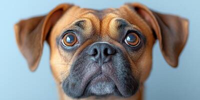 Pug with soulful eyes gazing directly at the camera in a serene indoor setting photo