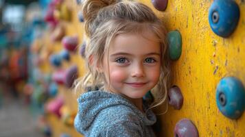 Smiling child enjoys climbing at a colorful playground wall on a bright sunny day photo