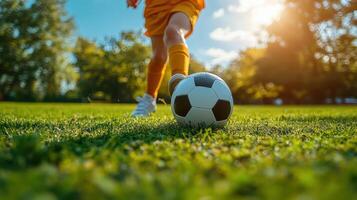 Soccer player prepares to kick a ball on a green field during a sunny afternoon in an outdoor sports setting photo