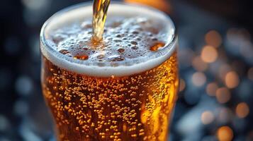 Refreshing golden beverage poured into a glass creating a lively atmosphere at a social gathering photo