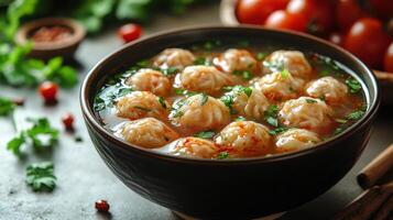 Warm and comforting bowl of dumplings in spicy broth served with fresh herbs and garnishes photo