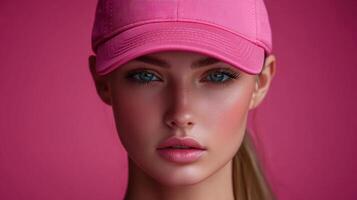 Model displays striking beauty in pink cap against vibrant backdrop during fashion shoot photo