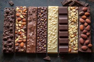 Chocolate bar with nuts and nuts on dark background photo