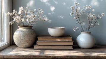 Elegant arrangement of vases with flowers and stacked books on a wooden shelf photo