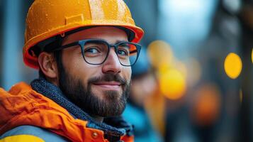 Construction worker smiles at the camera during a rainy day on the building site in an urban area in the evening photo