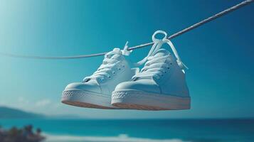 Sneakers hanging on a clothesline against a clear blue sky by the ocean at midday photo