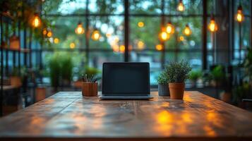 Creative workspace with laptop and plants in cozy evening ambiance showcasing a modern design photo