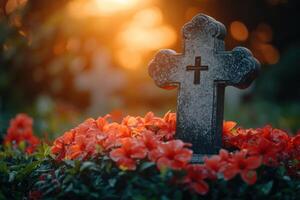 A grave with a cross and flowers in the background photo