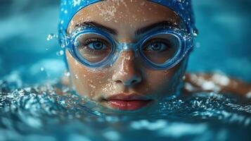 Young swimmer prepares for competition in indoor pool, showcasing determination and focus photo