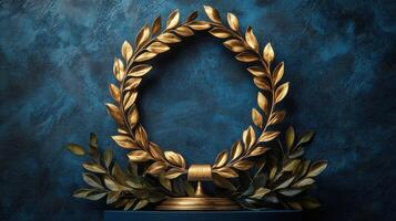 Golden laurel wreath displayed on dark blue background, symbolizing victory and achievement in a classic style photo