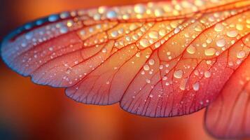 Beautiful close-up of a butterfly wing displaying vibrant colors and water droplets in natural light setting photo