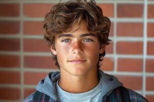 A young boy with curly hair and a backpack photo
