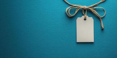 Blank tag with twine on vibrant blue background ready for customization or labeling photo