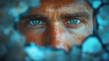 Intense gaze of a man looking through a shattered surface in a vivid and artistic close-up during daylight photo