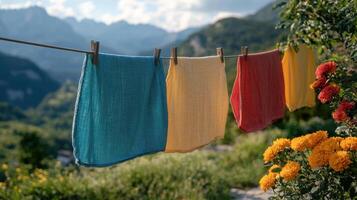 Colorful cloths drying on a line with a scenic mountain backdrop during a sunny day photo