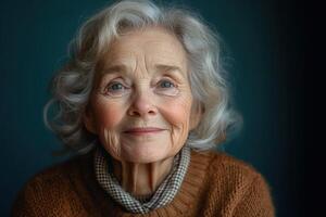 An older woman with a sweater on her face photo