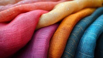 Colorful collection of textured fabrics displayed in an artistic arrangement for textile enthusiasts and designers photo