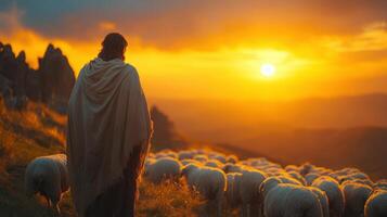 Shepherd guiding flock of sheep during sunset in a serene landscape photo