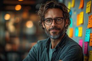 A man with glasses and a beard standing in front of a wall with sticky notes photo