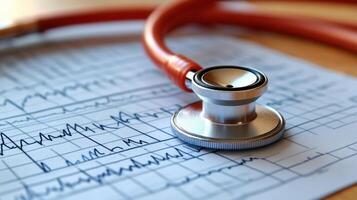 Stethoscope resting on medical notes with heart rate graphs and readings at a healthcare facility photo