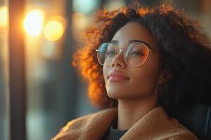 A woman with glasses and a tan coat looking up photo