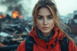 A woman in a red jacket standing in front of a pile of rubble photo