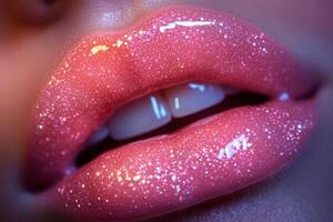 A close up of a woman's lips with pink glitter photo