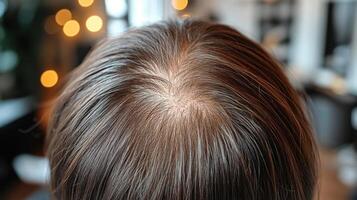 Hair thinning view from the back showing light scalp in a cozy indoor setting with soft lighting photo