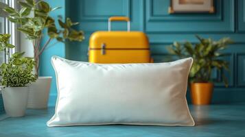 Decorative white pillow on a teal floor with green plants and a bright yellow suitcase in a cozy room photo