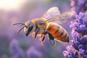 A bee is flying over lavender flowers photo