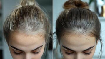 Transformation of hair color with root touch-up at home, showcasing before and after results in a bright indoor setting photo