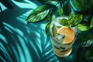 A glass of lemonade with mint leaves on a blue background photo