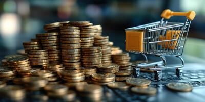 Coins stacked high next to a miniature shopping cart in a market setting photo
