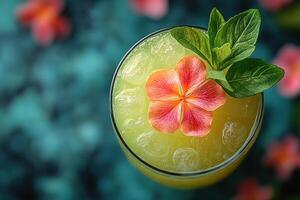 A green drink with a flower on top photo