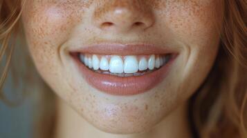 Bright smile of a young woman showing healthy teeth and natural freckles in a close-up setting indoors photo